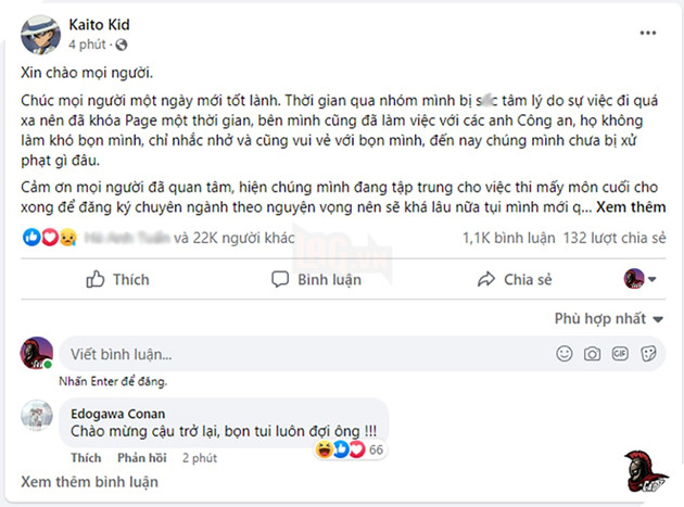 Cập nhật “Kaito kid” được nhắc nhở nhẹ khi làm việc với Pháp Luật 2