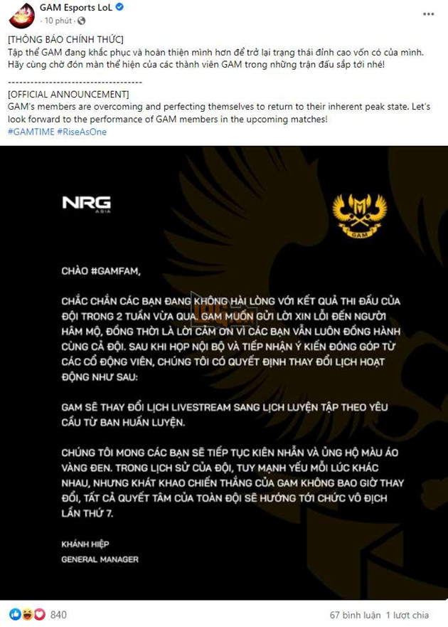 LMHT: GAM Esports lên tiếng xin lỗi người hâm mộ, quyết tâm dời lịch stream để tập trung luyện tập 2