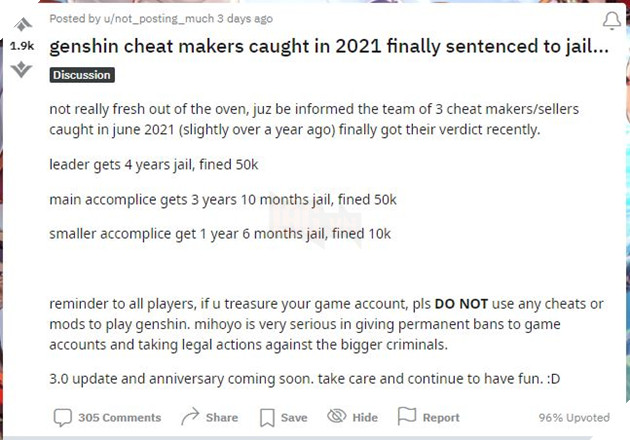 Hé lộ bản án dành cho những người tạo ra mã gian lận trong Genshin Impact 3