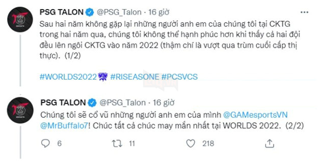 LMHT: Người anh em PSG Talon bât ngờ đăng tải lời chúc cho GAM và SGB tại CKTG 2022