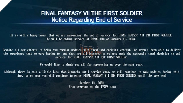Final Fantasy VII  the first soldier chính thức thông báo đóng cửa