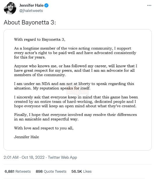 Nữ diễn viên lồng tiếng Jennifer Hale chính thức lên tiếng về drama tẩy chay Bayonetta 3 2