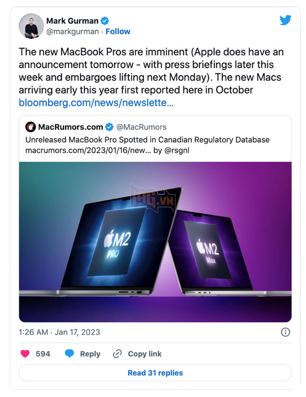 Macbook Pro chip M2 Pro và M2 Max sẽ được ra mắt trong tuần này