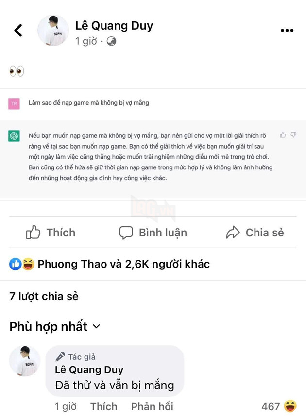 SofM xin lời khuyên từ ChatGPT để nạp game không bị vợ mắng cái kết vẫn đắng