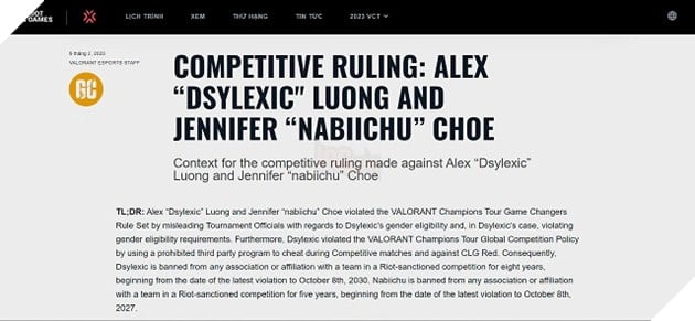 Tuyển thủ Valorant khan gian giới tính và kết quả là bị Riot cấm thi đấu 8 năm