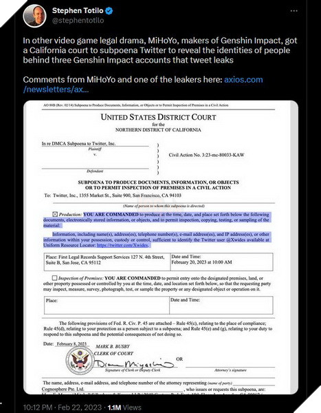 Genshin Impact: Hoyoverse lại khởi kiện Twitter yêu cầu truy lùng Leaker cũ không còn hoạt động 2