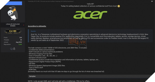 Acer bị hacker tấn công, hơn 160GB dữ liệu bị đánh cắp