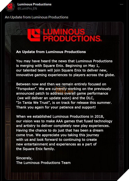 Sau thất bại của Forspoken, studio Luminous Productions buộc phải sát nhập hoàn toàn với Square Enix 2