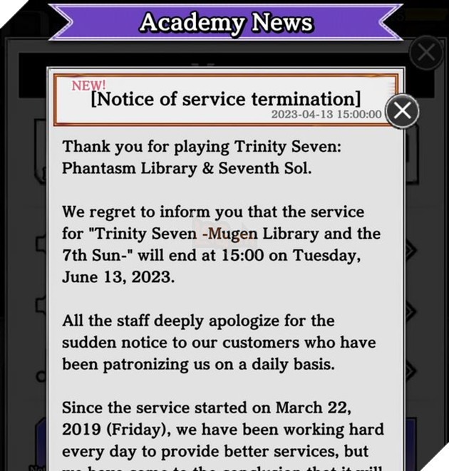 Trinity Seven Phantasm Library and Seventh Sol chính thức đóng cửa vào tháng 6 này 2