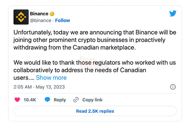 Binance ngưng hoạt động tại Canada vì những quy định mới về tiền ảo 