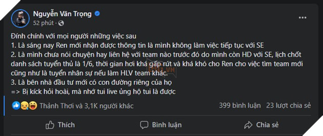 LMHT: Tinikun bất ngờ hé lộ nguyên do mà HLV Ren rời khỏi SBTC Esports 2