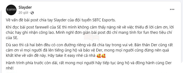 LMHT: Slayder chính thức lên tiếng về bài đăng chia tay của SBTC Esports