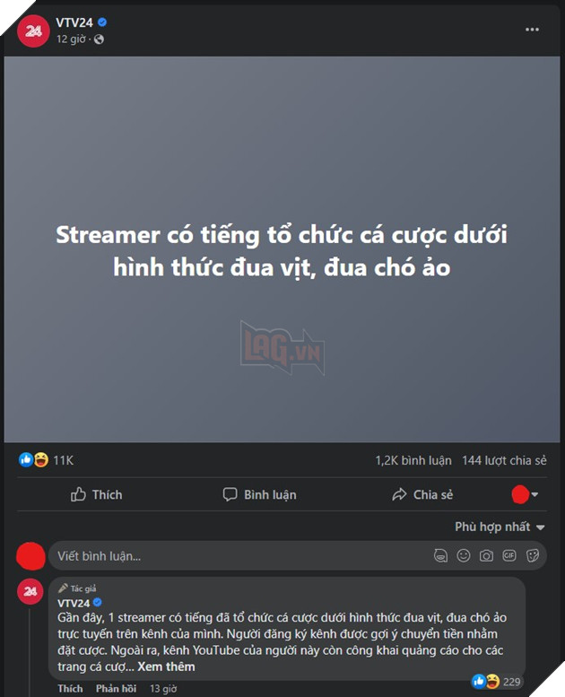 VTV bất ngờ đưa tin về một nam streamer nổi tiếng tổ chức đánh bạc