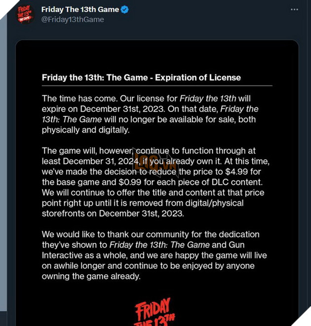 Tựa game kinh dị Friday The 13th The Game nổi tiếng sẽ sớm đóng cửa trong cuối năm sau 2