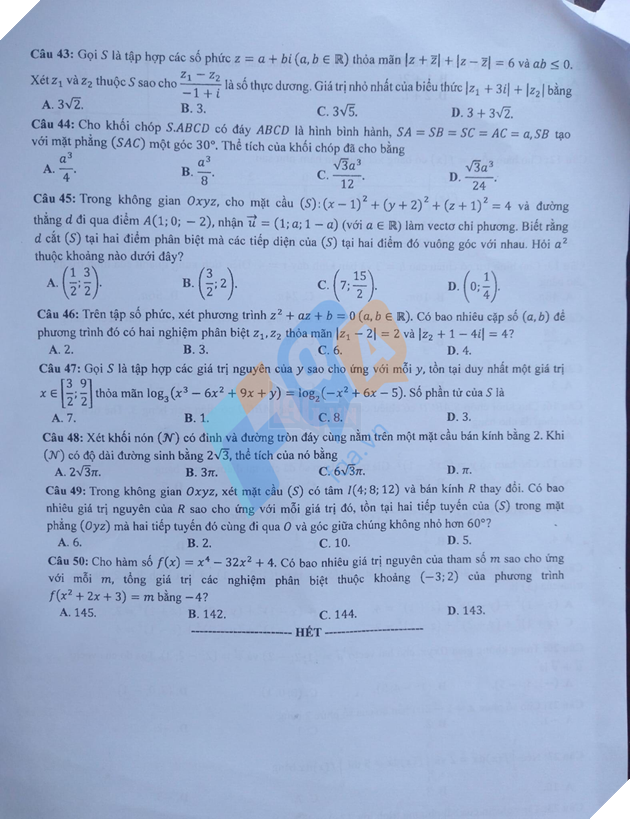 Đề thi và đáp án môn Toán Kỳ thi THPT Quốc gia năm 2023 5