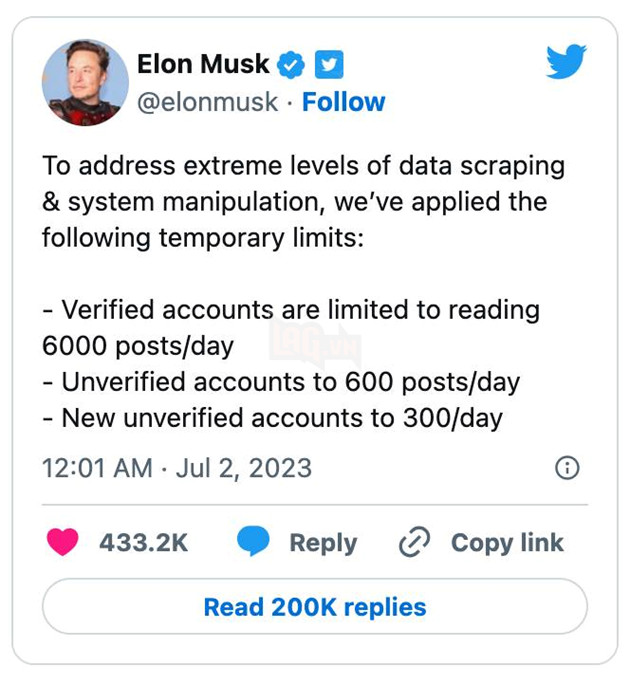 Elon Musk giới hạn số lượng tweet đọc mỗi ngày nhằm ngăn chặn thu thập dữ liệu đào tạo AI 