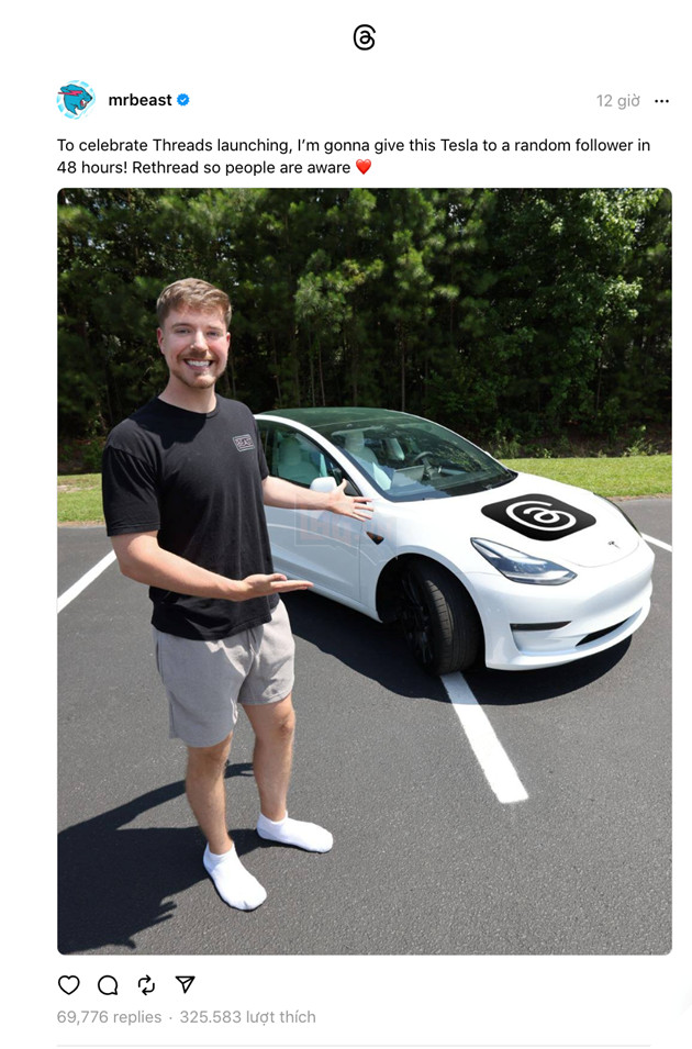 Mừng ngày ra mắt Threads, YouTuber MrBeast "chơi lớn" tặng Tesla cho người hâm mộ 