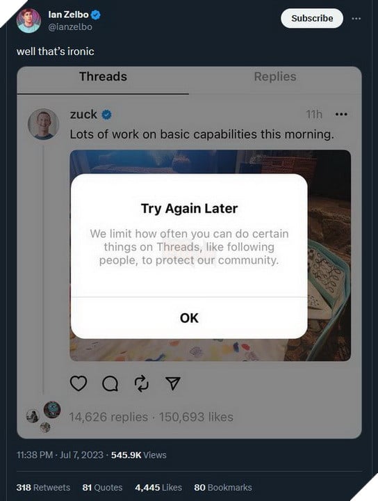 Cộng đồng mạng chế giễu ứng dụng Threads cũng giới hạn hoạt động người dùng y hệt Twitter 3