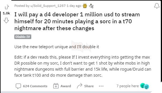 Game thủ Diablo 4 treo thưởng 1 triệu đô nếu nhà phát triển vượt qua được NightMare T70 bằng Sorcerer