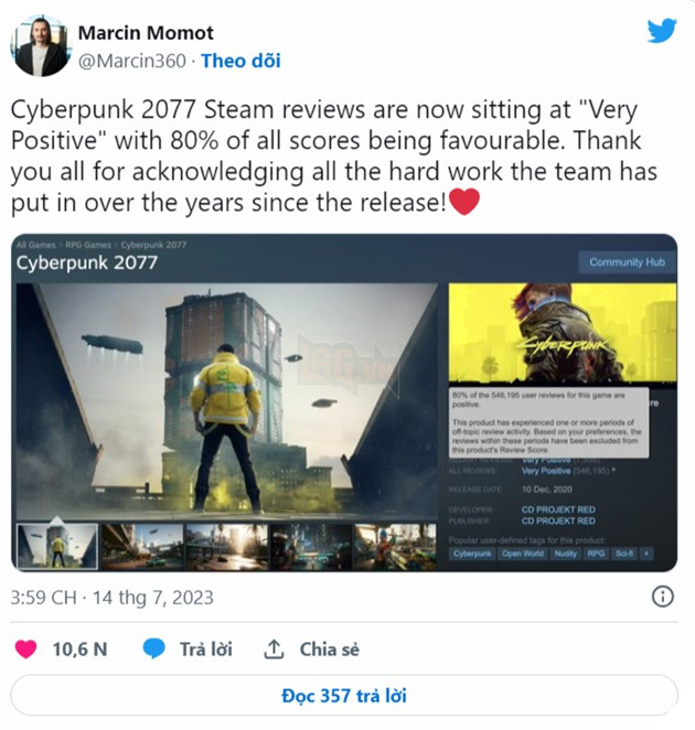Cyberpunk 2077 lần đầu tiên sau hơn 2 năm nhận được đánh giá Very Positive trên Steam