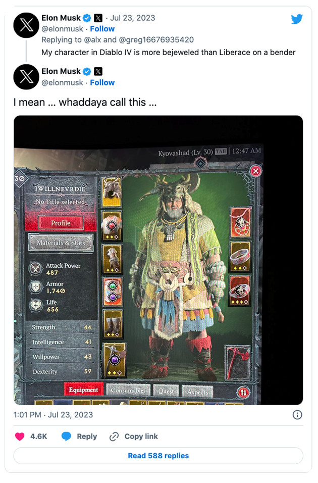 Tỷ phú Elon Musk thừa nhận đang cày Diablo 4 và chưa bao giờ bị hạ gục ở chế độ Hardcore 2