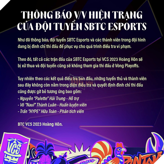 HOT: BTC VCS chính thức có thông báo đình chỉ thi đấu SBTC Esports để tiếp tục điều tra