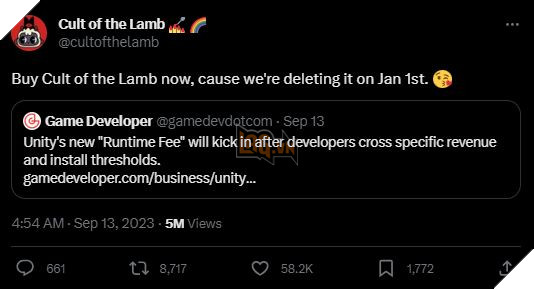 Nhà phát triển Cult of the Lamb đáp trả Unity bằng kế hoạch xóa game vào đầu năm sau 2