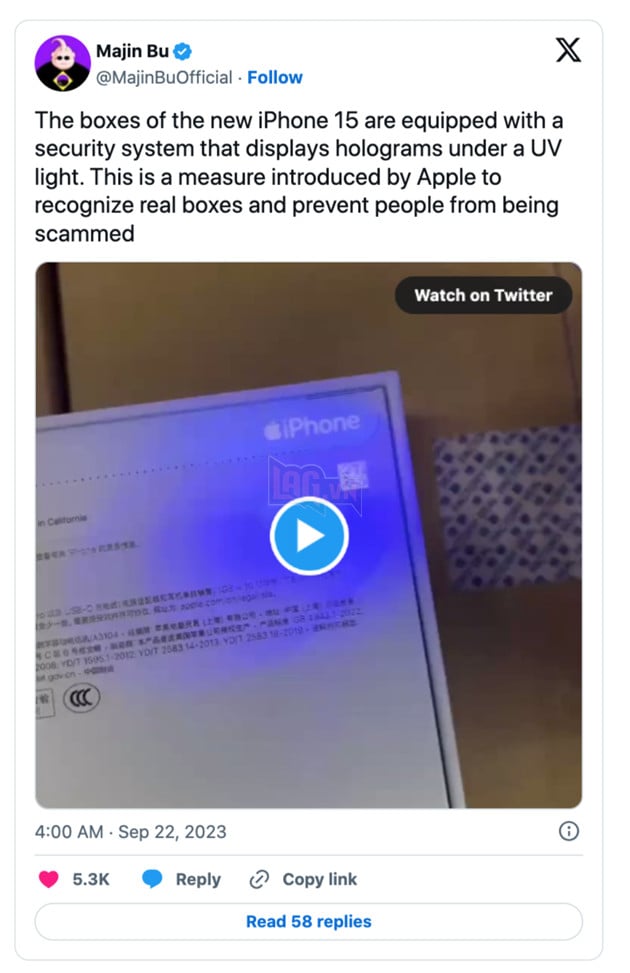 Hộp iPhone 15 được dán nhãn UV QR giúp người dùng check hàng thật hay hàng giả