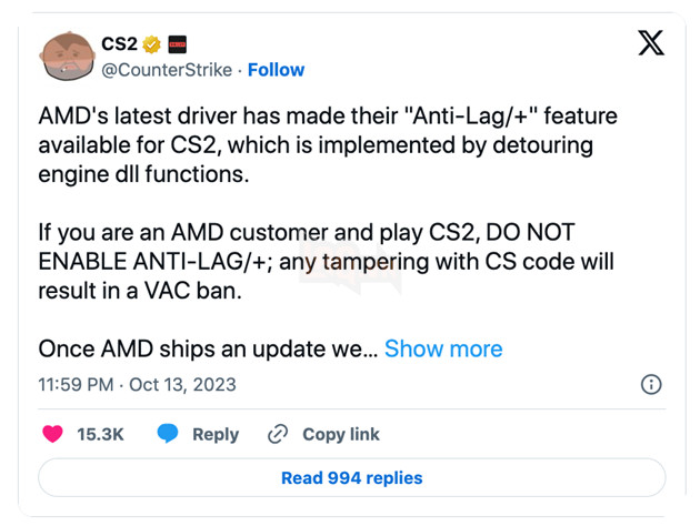 Valve cảnh báo tính năng chống lag của AMD có thể khiến game thủ Counter-Strike 2 bị khoá tài khoản