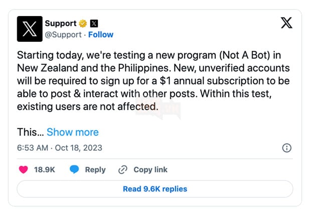X/Twitter bắt đầu tính phí người dùng mới 1 USD mỗi năm