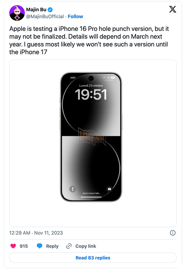 Chia tay với Dynamic Island, iPhone 16 sẽ có màn hình đục lỗ 2