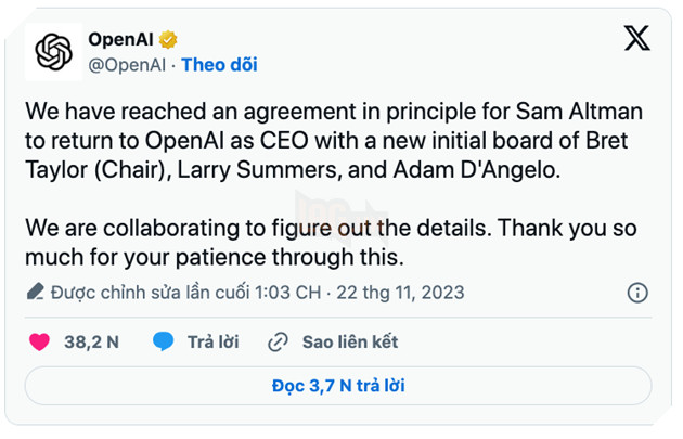Sam Altman trở lại vị trí CEO OpenAI sau 4 ngày bị sa thải
