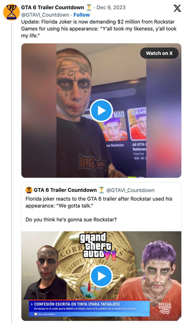 Joker Florida đòi Rockstar 50 tỷ đồng vì sử dụng hình ảnh của mình trong trailer GTA 6