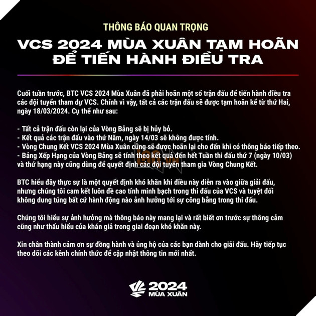 LMHT: BTC của VCS chính thức đưa ra thông báo điều tra tiêu cực tại giải đấu lớn nhất Việt Nam