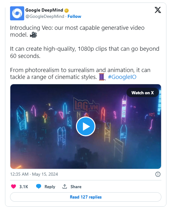 Google Ra Mắt Veo, Trình Tạo Chuyển Văn Bản Thành Video Cạnh Tranh Với Sora Của OpenAI
