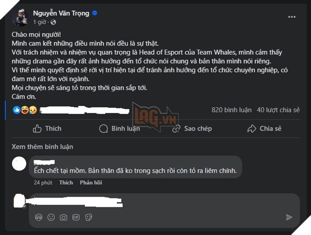 LMHT: Giữa Tâm Bão Drama, Head of Esports Team Whale Đăng Đàn Chia Tay 3