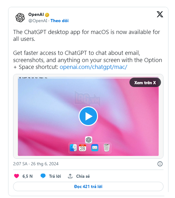 OpenAI Ra Mắt Ứng Dụng ChatGPT MacOS Cho Người Dùng 