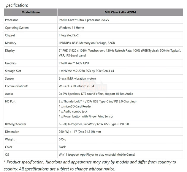Chi tiết cấu hình MSI Claw 8 AI+ trang bị chip Intel Lunar Lake 4