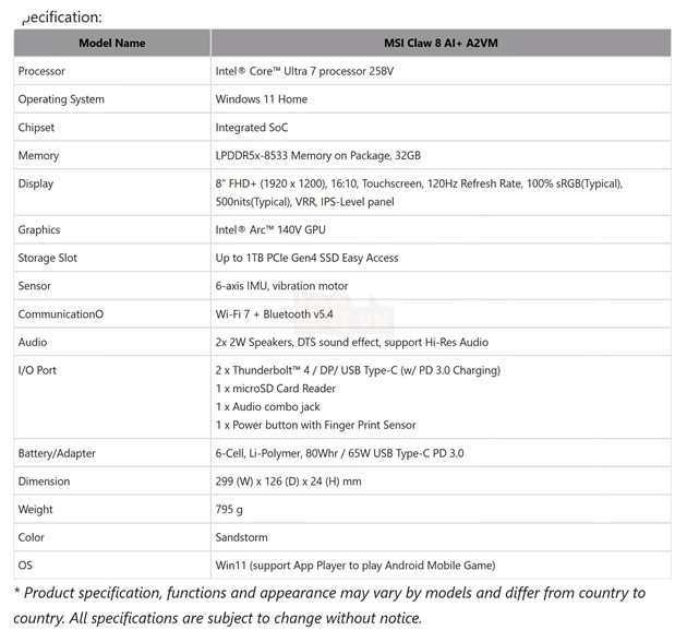Chi tiết cấu hình MSI Claw 8 AI+ trang bị chip Intel Lunar Lake 2