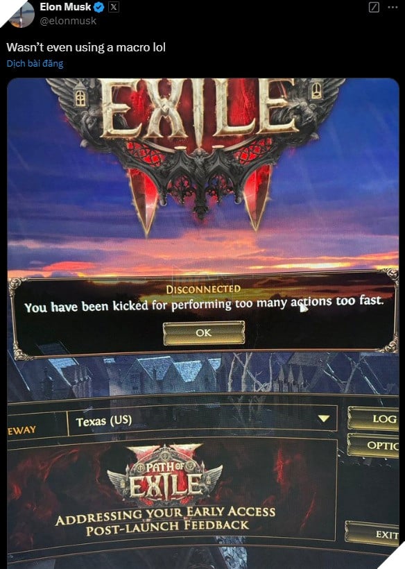 Elon Musk bị hệ thống của Path of Exile 2 kick khỏi game vì nghi vấn gian lận?