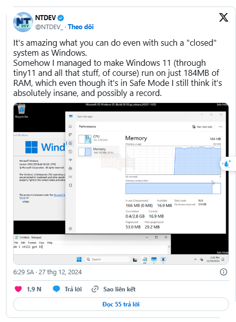 Nhà phát triển đẩy Windows 11 đến giới hạn với chỉ 184MB RAM 2