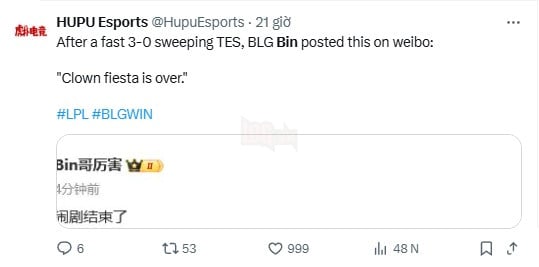 Bài đăng của Bin sau khi BLG đại tháng TES với tỉ số 3-0 hoàn hảo