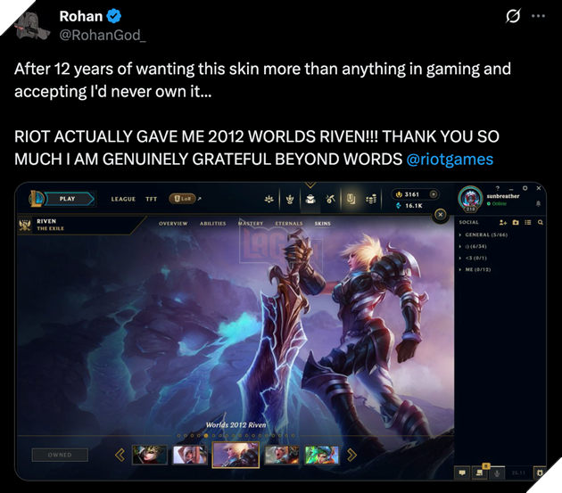RohanGod xúc động vì được Riot Games tặng skin hiếm