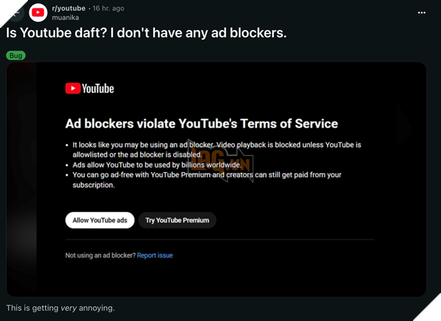 Người dùng reddit chia sẻ về việc không dùng adblock nhưng vẫn bị chặn