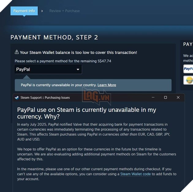 Người dùng Steam được thông báo quốc gia mình không hỗ trợ PayPal