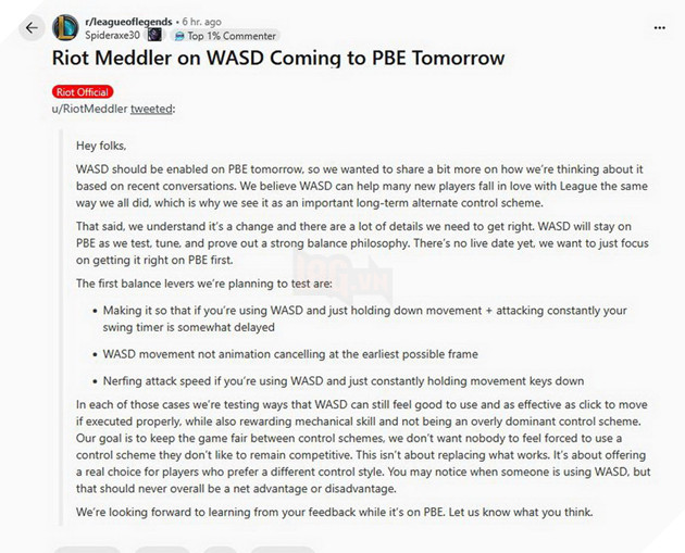 Riot Meddler chia sẻ về định hướng đưa WASD vào LMHT