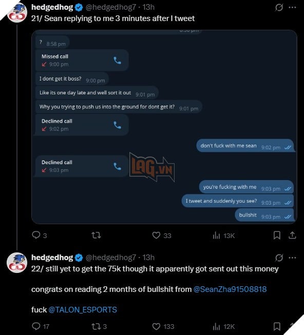 Talon Esports vẫn chưa thanh toán 75,000USD tiền lãi cho hedgedhog