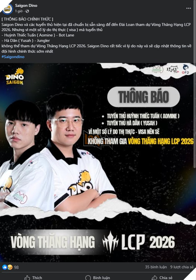 Saigon Dino gặp khó khăn về nhân sự trước Vòng Thăng Hạng LCP 2026