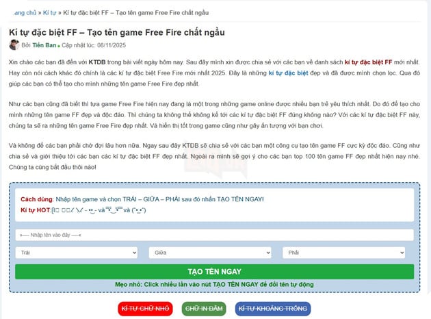 Tạo Tên Game Free Fire Chất Ngầu Cùng Ktdb.Net Công Cụ Tạo Tên FF Ký Tự Đặc Biệt Hot Nhất 2025
