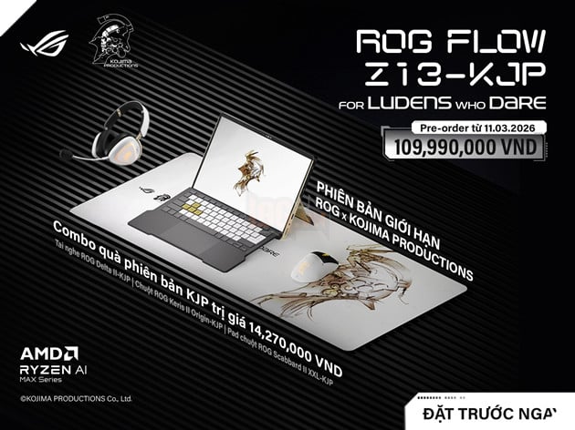The image showcases a promotional display for the ROG FLOVI KOJIma keyboard, featuring an illustration of a dragon and a product code for a pre-order offer.AI-generated content may be incorrect.